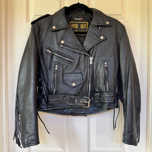 Hyde Out Vintage Leather Biker Fringe Motorcycle Riding Cropped Jacket Small - Picture 1 of 16